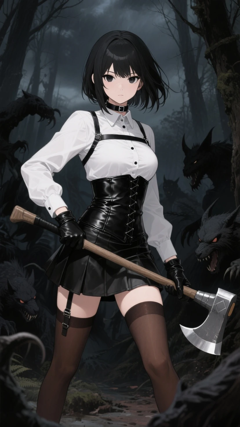 ((blood droplets)), ((blood)), ((blood splatter)), ((blood on clothes)), ((blood stain)), Masterpiece, Beautiful art, professional artist, 8k, face expressing pain, showing teeth slightly, very detailed face, Detailed clothing, detailed fabric, 1 girl, front view, kneeling, BIG BREASTS, perfectly drawn body, , pale skin, beautiful face, long black hair, 4k eyes, very detailed eyes, pink cheeks, choker:1.6, (white long sleeve button down shirt with white collar), black gloves, gloves that cover hands, (holds an ax with his right hand), (black leather corset), (shiny black leggings), (Black leather boots), Sensual Lips, show details in the eyes, dark forest, Atmosphere, fog, At night