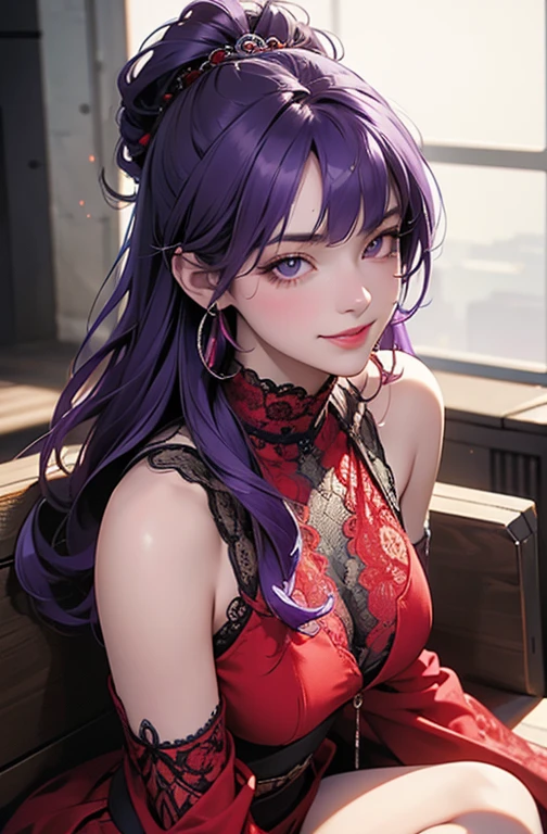 1 girl, Blunt bangs, Braiding, Wide sleeves, hair ornaments,Obi says, (Purple Hair:1.2), Very long hair, Straight hair, Looking at the audience, Highly detailed background, (Realistic:1.2), Beautiful Eyes, Red eyeshadow, thigh, (Urzan-6500:0.7), Upper Body, (alone:1.2), (Cyberpunk City:1.1), Cleavage,,Glowing Skin、(Navel exposed).((Face close-up))、((smile))、(Red lace outfit).