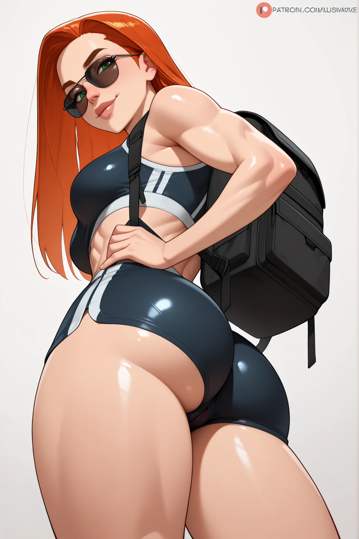 high resolution image, masterpiece, the best quality, amazing quality, simple background, atom eve, 1girl, orange hair, green eyes, long hair, nose, eyelashes, shiny hair, straight hair, thick eyebrows, thick lips, toned female, medium breasts, skin tight, thighs, makeup, blushed face, leaking pussy, seductive look, seductive smile, sports bra, shorts, sunglasses, backpack, lowering his sunglasses, perfect ass, view from below, you can see the straps of her high waisted thong