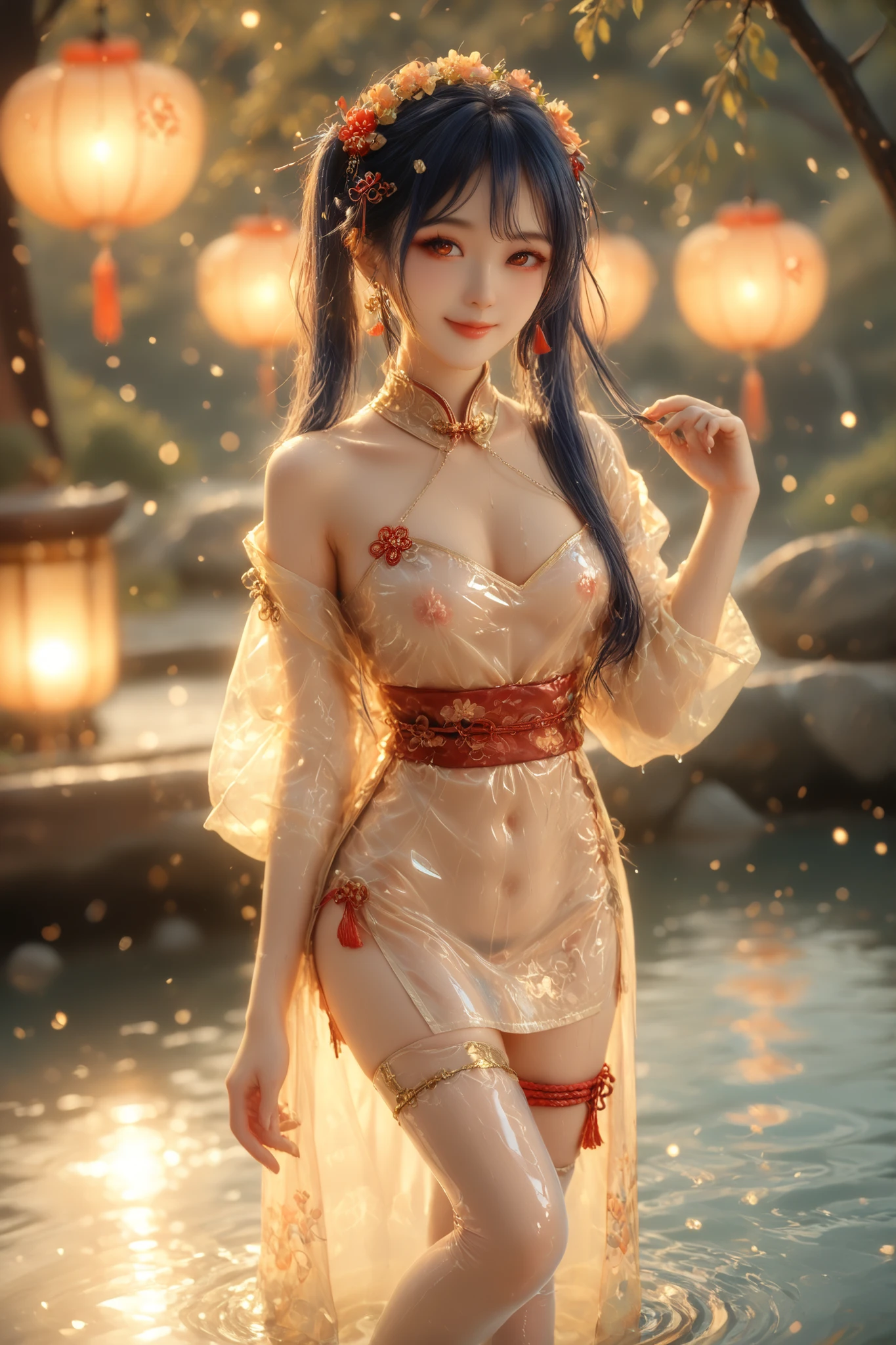 blue eyes,perfecteyes,NSFW,1girl,1girl,blonde hair,belly dancer,shiny skin,cleavage,wet skin,small breasts,twintails,in a tent,fabrics,pillows,wine,tilted angle,moody lighting,suggestive pose,professional lighting,fantasy,perfect quality,high quality,photorealistic,dynamic pose,dancing BREAK orange and blue hue,(abstract:0.2),at night,fire particles,pink cheongsam,hippie girl,Long colored hair,Radiant face,eyes with brightness,DD cups,Background garden, score_9, score_8_up, score_7_up,(Japanese girl,blue hair,beautiful eyes), (Luxurious, off-shoulder clear plastic dress with gold patterns: 1.6, armor made of clear glass, Tight, transparent plastic underwear, clear plastic stockings,There is a rope tied around the whole body, very sexy.),( Hair pin,Transparent Latex jacket with a flower crown on her head,earrings, hair clip,Metal collar,thigh bands,Metal high-heels,The transparent latex belt is very tight around the waist ),Dynamic poses,(Beautiful smile),((Nipple erection:0.8)),Look away, ashamed,(Standing under the plum tree by the river, the plum blossoms are swaying,sunset.), full view from the side at 45 degrees. 