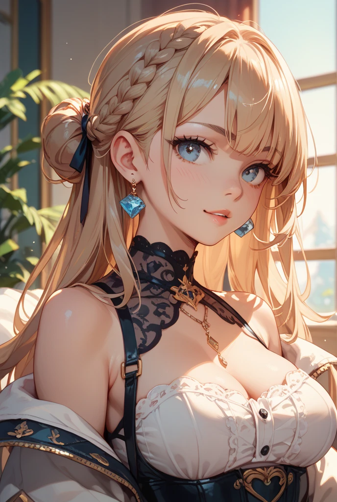 ((Best Quality)), ((masterpiece)), (Very detailed), 1 girl, with a white tight dress, miniskirt, neckline, big breasts,blonde, looking at the viewer, ((Whole body)),((front view)),((view from above))