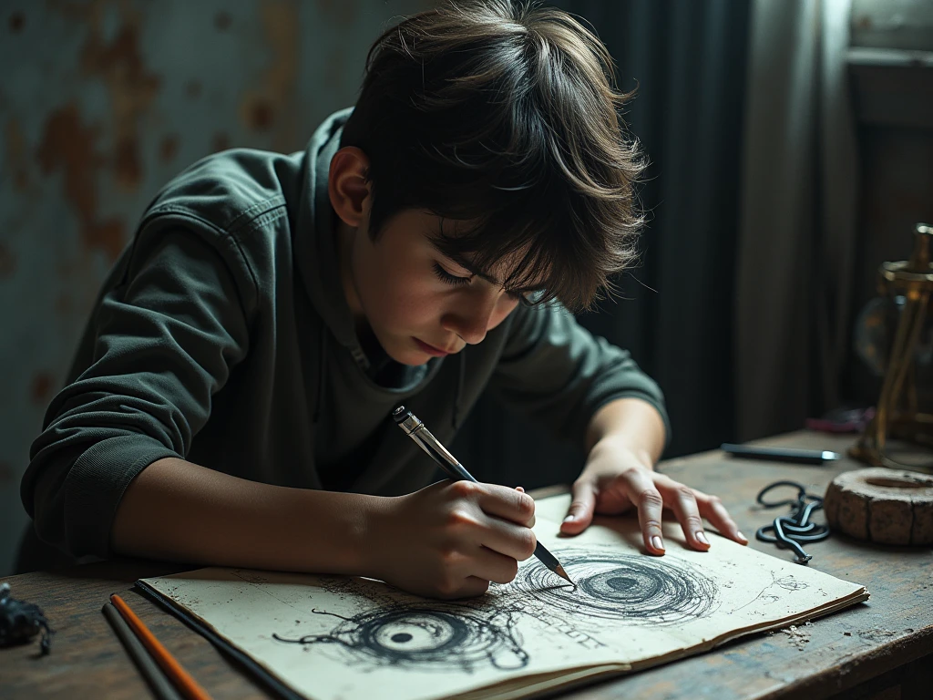 Teenage boy who is hit by another teenager at recess away from the others and his drawings are lying around