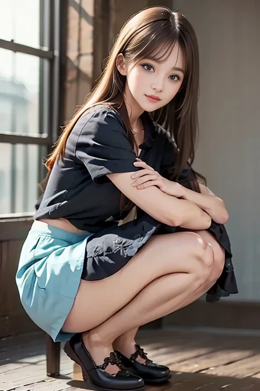 Sit with your legs open，Knees，年轻，(Denim skirt)，Zip Up，teens girl，A dark-haired，Twin-tailed，poneyTail，delicate and petite body