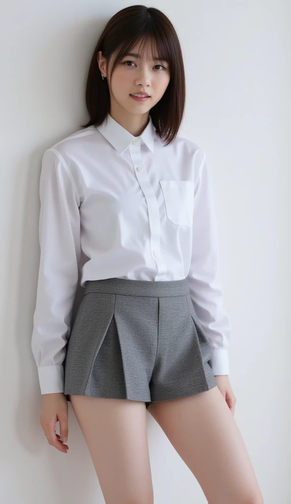 A 16 year old beautiful and slim girl, short hair, tomboy hairstyle, wearing school uniform, white shirt,long black pant, breasts can be seen.