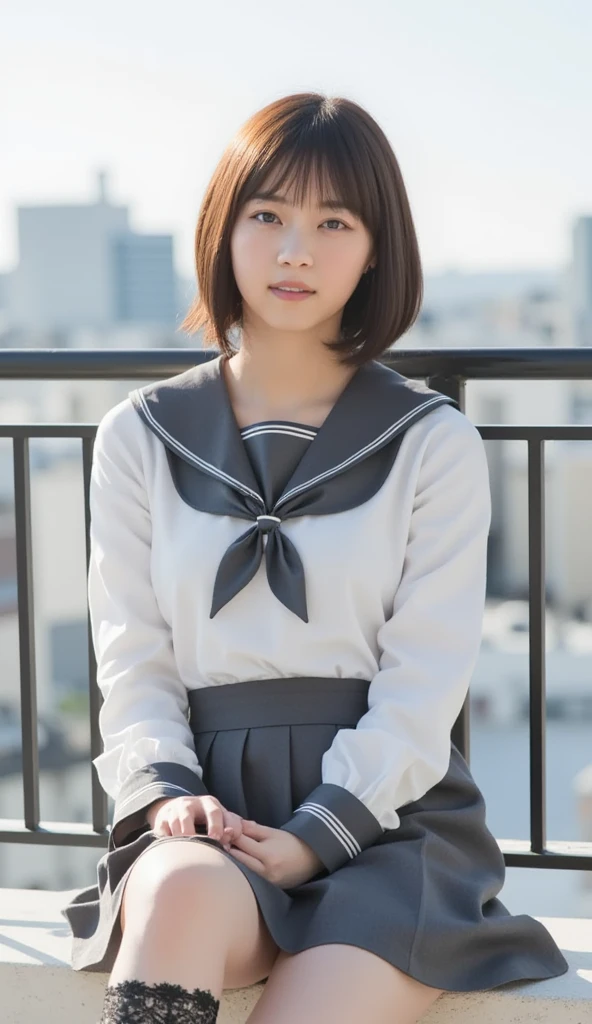 (best quality,hyper-realistic,ultra-detailed,8k), teenager, fifteen years old, shy, sad, paleness, big blue eyes, very white skin, small nose, very short brown hair with bangs, melancholy, delicate, feminine, skinny, elegant school blue uniform, red tie, brilliant day, garden of thousand white roses, rain, Eiffel tower, Pink silk laces.