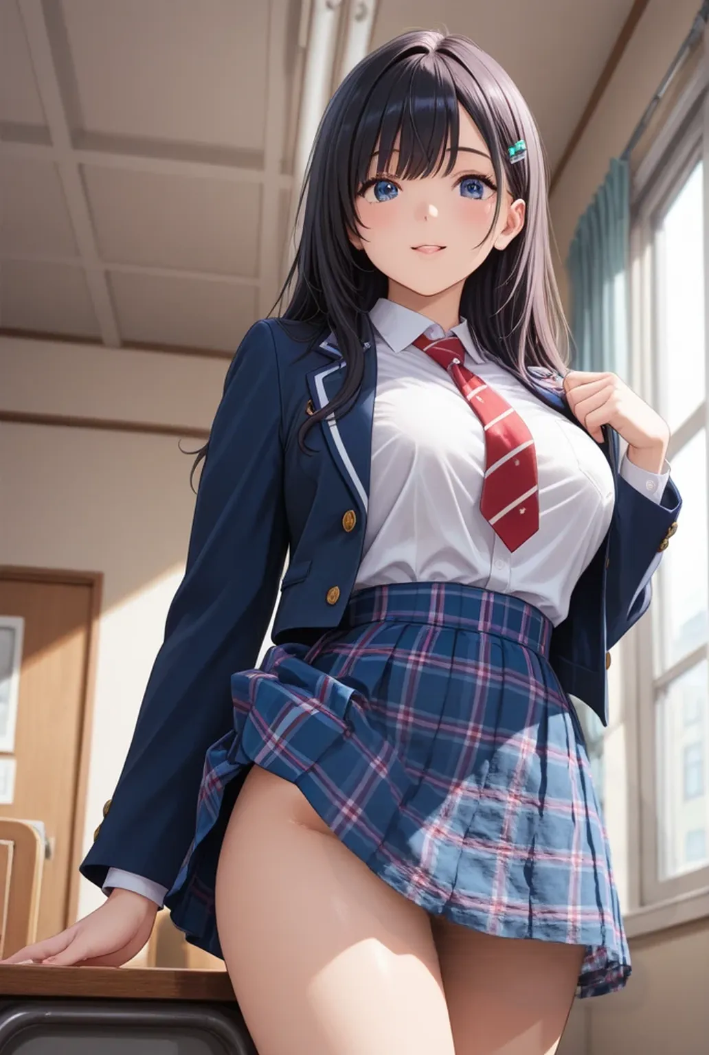 {{{master piece}}}, {{{Best Quality}}}, {{{highest quality}}}, {{Ultra-detailed}}, {{{ultra high resolution}}},{{{extremely detailed CG unity 8k wallpaper}}}, {{{Illustration}}}, {{{Detailed skin}}}, {{{Shiny skin}}}, {{{Realistic}}}, {{{Beautiful detailed eyes and face}}},{{{Perfect Anatomy}}}, gleaming skin,oily skin,1woman,solo,,standing, (((leaning forward), undressing, raise one leg, white panty pull)), up skirt,show off pubic hair, beautiful flight attendant, flight attendant uniform, darkblue blazer,lightblue shirt,red necktie, darkblue skirt, high heels, earrings,employee ID card,((large breast,show off pointy breast,nipples)),
in abandoned house,faint light,(((vignetting))),angle from below ceiling,((close to viewer)),(((upper body,cowboy shot,panty shot))),