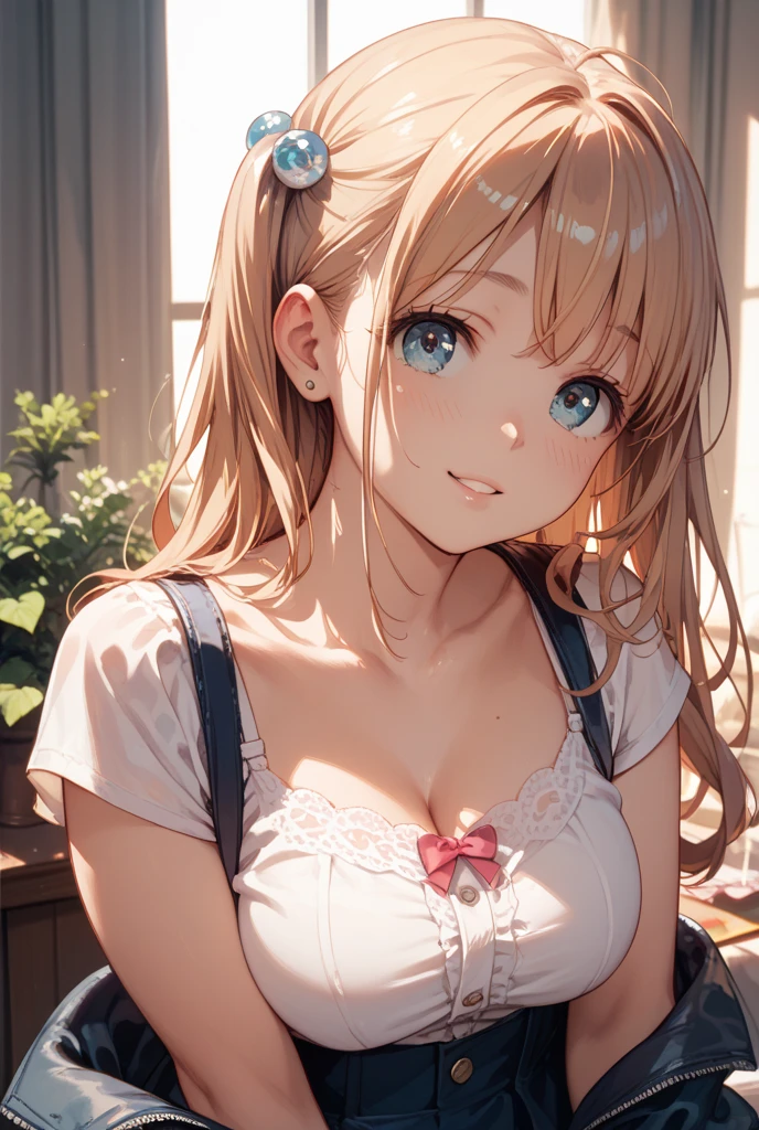 kawaiitech,pastel color, kawaii, Cute colors ,crass room, (((pink vagina))), scholar , sscroll, 1girl in,light brown hair, Tube Top, Ribbon Hair Tie, Braids,length hair, blue grey eyes ,Glowing eyes, Smile ,Closed mouth, ((Best Quality)), ((masutepiece)), (Highly detailed:1.Phototriaritic:1.4)