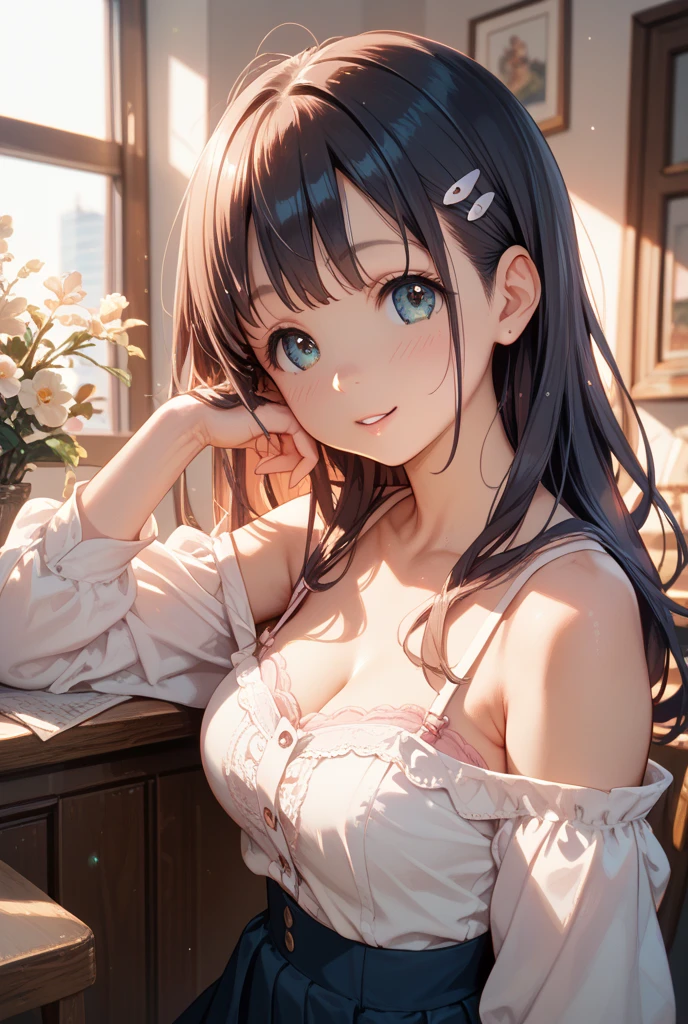 1girl, (solo:1.2), ((masterpiece)), [slim], (large breasts:1.27), (pale skin:1.3), ((detailed blue eyes)), (bokeh effect), (dynamic angle), dynamic pose, Paris cozy cafe, starry brown eyes, chestnut with wavy hair, (white bare shoulder silk tops and a shorts:1.3), necklace, ring earing, arms down, hands between legs,