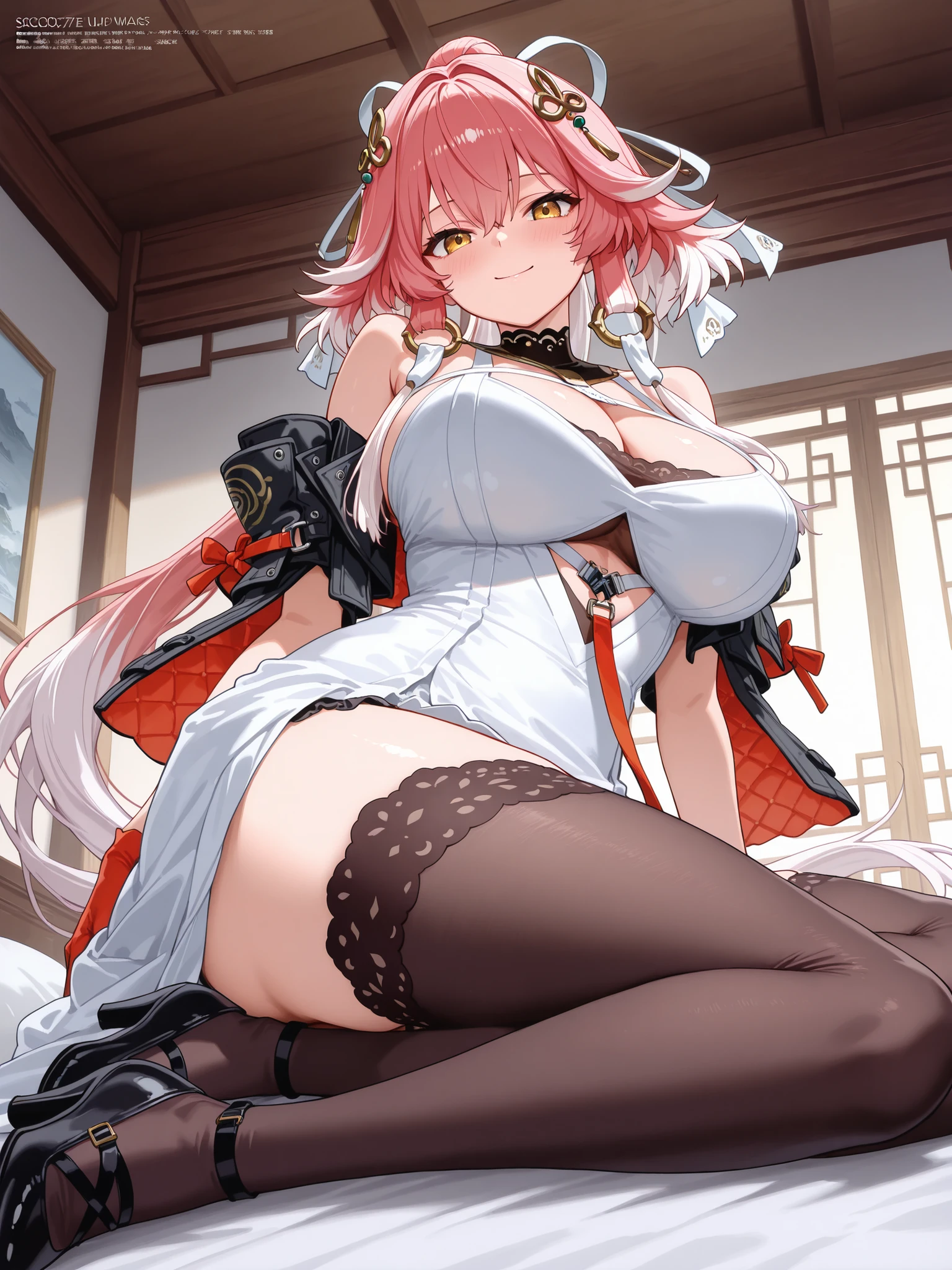 (tmasterpiece,best quality), 1个Giant Breast Girl, 独奏, Full body lesbian,lace hose,Chinese curtains:1.4),high-heels,Lower bust,Clothes tugboat,self-expression,Be red in the face,high-quality wallpaper, lacepantyhose,Lower bust,medium,exposing her big breasts