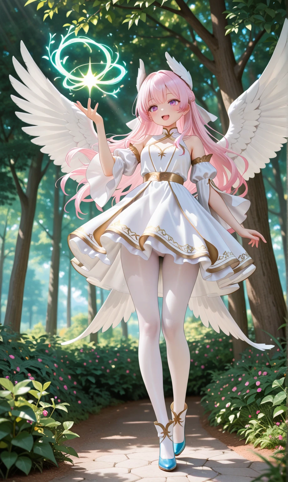 girl with pink longhair and massive wings wwith a pink and golden crwon on her head wearing a goddesse dress in white and pink, (Full Body) (Flower Icon at the bottom of the screen)(Game Character) (Full Forest Background full with Roses.)