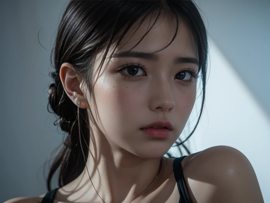 (Photorealistic: 1.4), Best quality: 1.0, Ultra High Definition: 1.0, 8K, RAW Photography, Slippery, Exposure, Cleavage,, dynamic lighting, shiny skin,　sweaty skin, sharp fokus:1.2, pony tail, One-person viewpoint, nsfw, in the dark room, female masturbation