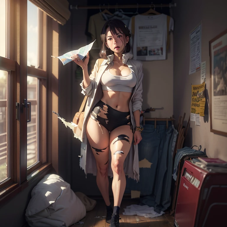 (masterpiece),(illustration with very saturated pulp color), (vintage worn paper edges), (full shot view of the image), a very young girl with an innocent face in a bikini sitting in an armchair, in the background a futuristic city, orange afternoon light, wet floor reflecting, dirt, garbage on the floor, stacked boxes, metal shelves full of things,  pipes in the walls