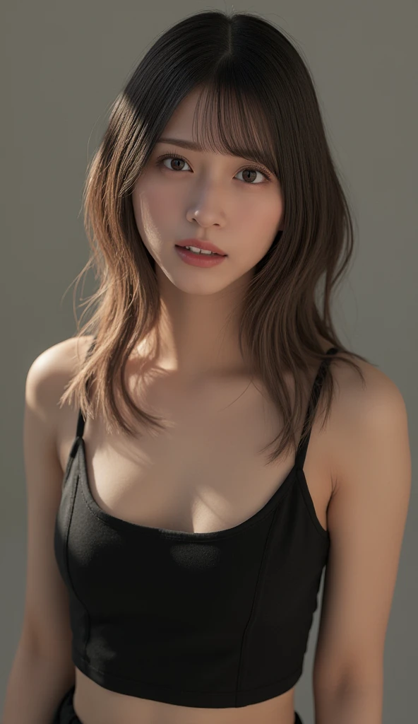 whiteroom, 1 person, Japanese woman, look at the camera, H~I cup, model's expression, Create an AI-generated image of a beautiful woman with the following facial features: straight medium-length black hair, parted bangs, large almond-shaped brown eyes with double eyelids, slightly upturned outer eye corners, small straight nose with a high bridge, small and well-shaped mouth with thin lips, smooth fair skin, oval-shaped face with high cheekbones, and a gentle, approachable smile. The woman should have a natural makeup look, with well-defined but natural eyebrows, lightly applied pink lipstick, a hint of natural blush, and long curled eyelashes. The face should have balanced proportions, be symmetrical, and give a youthful and clean appearance. , Tank top, Shiny skin, Sweaty body, Dramatic lighting, Huge breath, (8K, 4K, Best Quality, High Definition, Ultra High Definition: 1.1), (Masterpiece, Realistic, Photorealistic: 1.1), #tarasuzuka24
