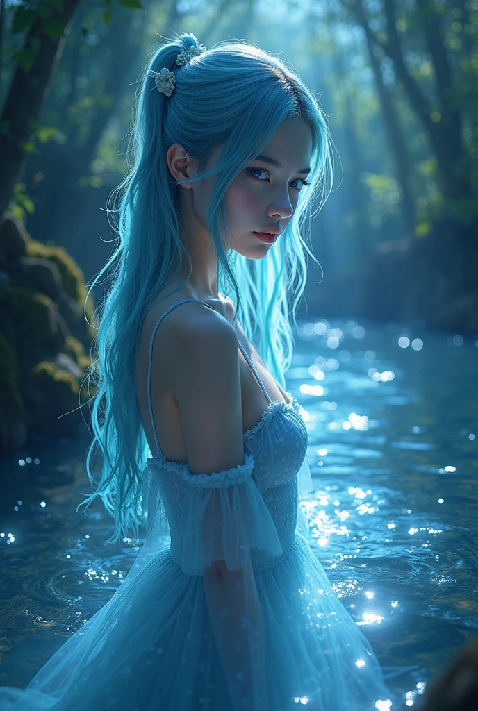 Blue Flame、ghost、Dark Forest、night、深night、Red eyes、Apparition、mysterious、lake、Foggy、turn around、spirit、Illusion、woman、turn around、Hair fluttering in the wind、Copyright circumvention、Blue light、red eyes、lake