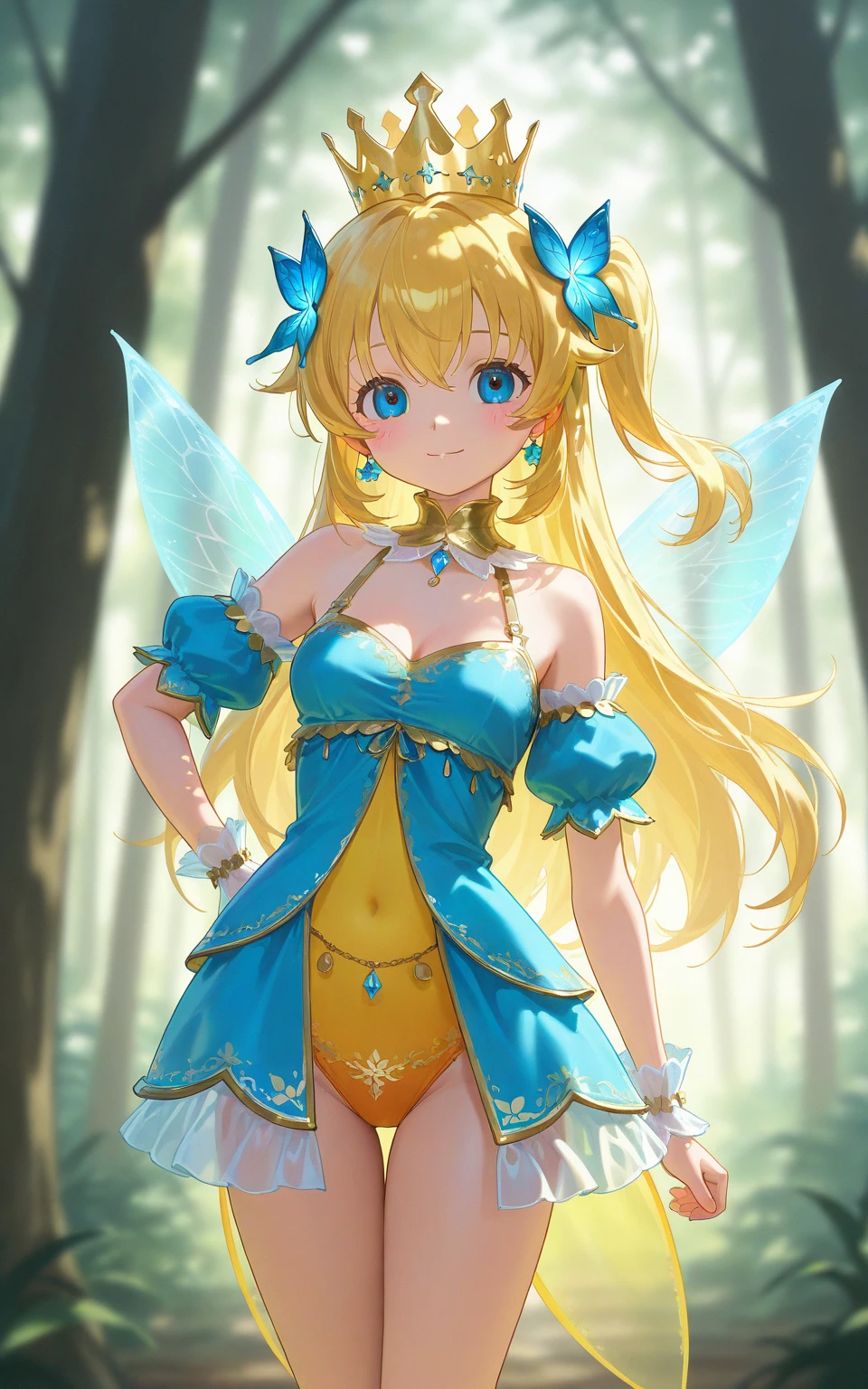 Masterpiece, Best Quality, Detail, A beautiful woman fairy fairy armor and skirt butterfly wings small breasts long blonde hair blue eyes she is being shot at ( mucus) she is afraid