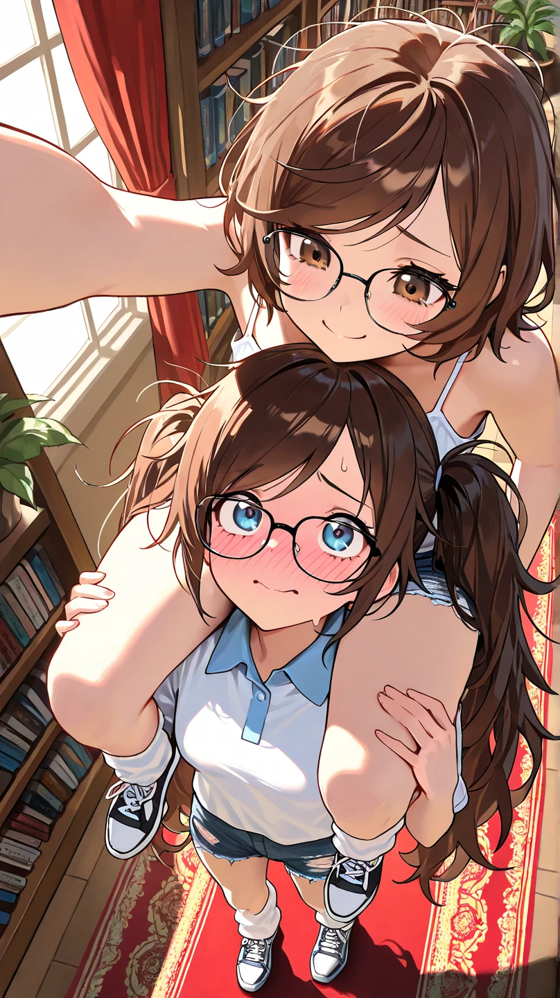2 young female children playing with each others big breasts nude in school, large boobs, 1 with glasses other pissing, brown long hair parallel to viewer