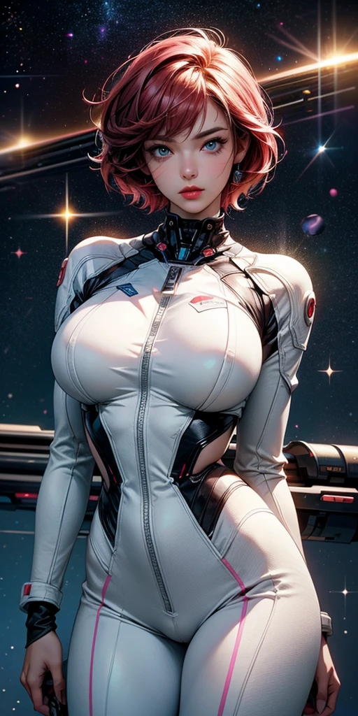 A beautiful woman perfect shape in soft white-orange bodysuit amor skin and  wraps over body ,wavy short orange hair ,high-tech ,evoking a futuristic cyberpunk manga aesthetic. Loosely brushed paint strokes and kinetic lines energize the composition, while intricate mechanical designs and neon accents embellish the suit, immersing the viewer in a world of high-tech noir. Up close, her charming, expressive features and captivating gaze draw us in, set against a backdrop of soft, gradient blues and misty purples that evoke a sense of mystery and allure ,full body shot
