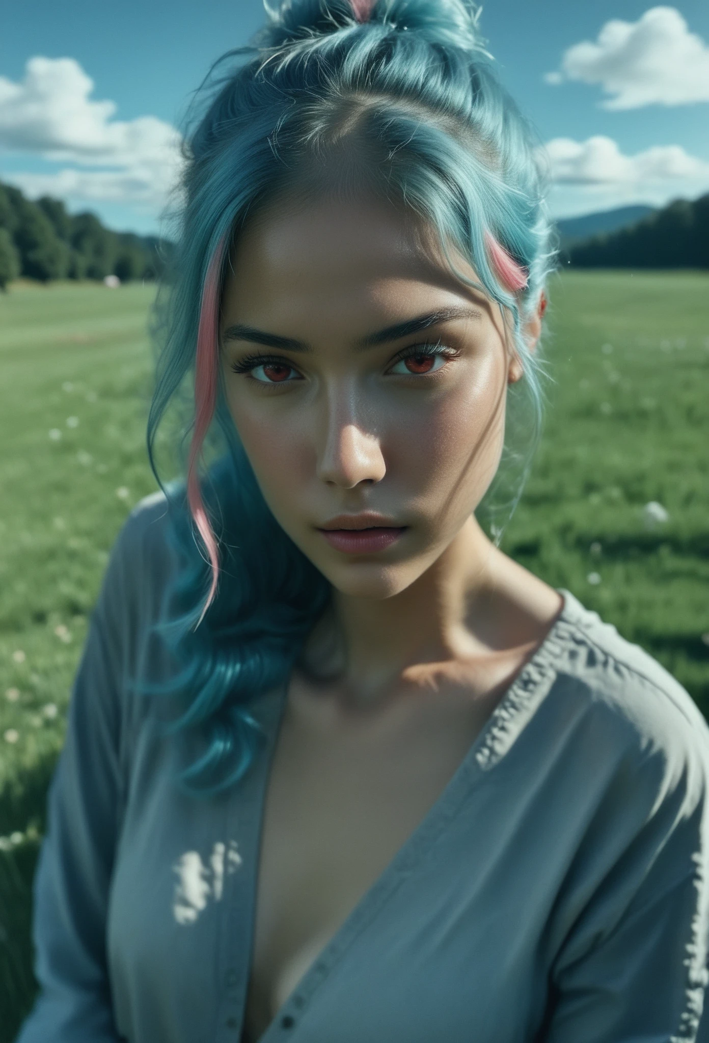 (8k, RAW photo, best quality, masterpiece:1.2), (realistic, photo-realistic:1.37), best quality, ultra-high res, (photorealistic:1.4), 1girl, portrait, yellow eyes, posing, sad, unhappy, smile, looking at viewer, light effects, 1girl, (closeup:0.75), wide angle, (low angle), (busty), ((small breasts)), portrait, mechanical parts, small eyes, symmetrical eyes, (freckles:0.5),  body freckles,  Prosthetic limbs, cyberpunk,  one artificial eye,