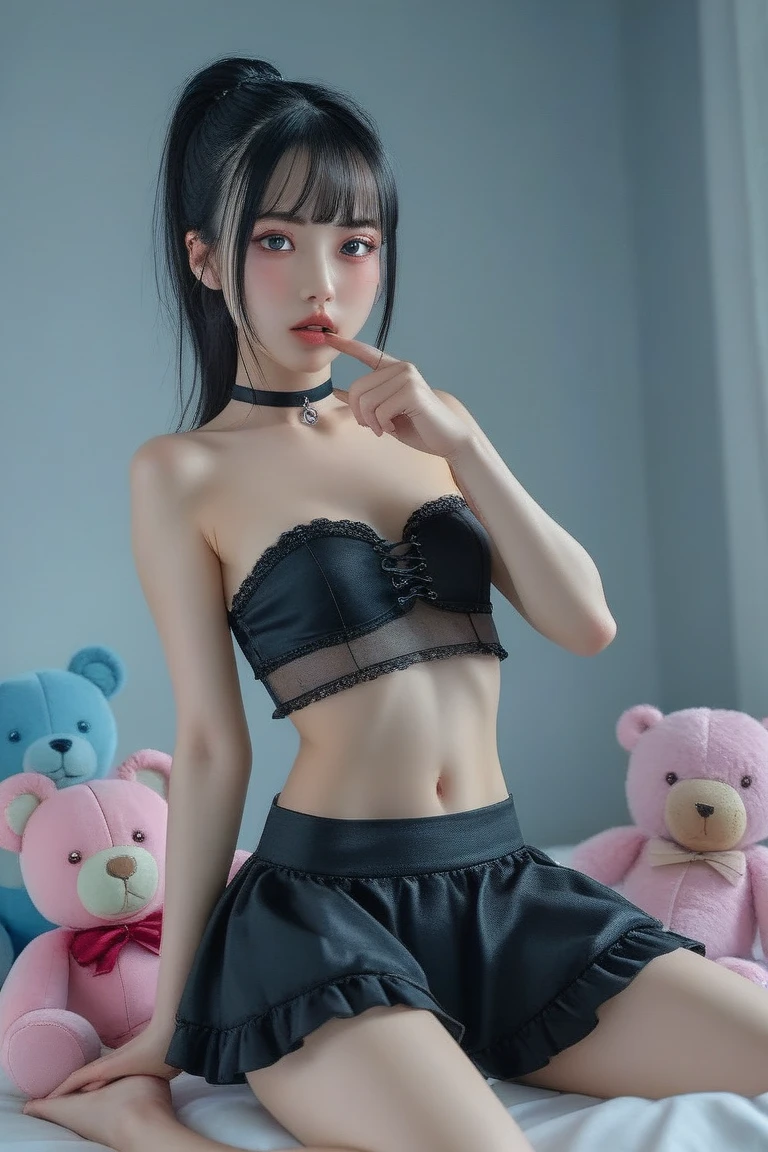 pastel colors t-shirt,off-shoulder look,bare shoulder,ollarbone,midriff peek,Tight mini skirt,(open mouth:1.5),(tongue out:2),Kneeling,Standing Upright,Hands Behind Back,Collar with leash,front view,face focus,from above(1girl,Beautiful 14 year old girl,teenager),((Slender,Small breasts,Small face,)),(looking at viewer),Black Hair,bangs,one side up,Beautiful and detailed,(Dimly lit room:1.5),White bed,pillow