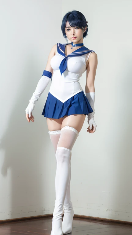 Many silver Sailor Moons,Wearing white tight over-the-knee high-heeled boots,Big Breasts,((Standing posture,Open your legs, Arms straight)),Camel toe