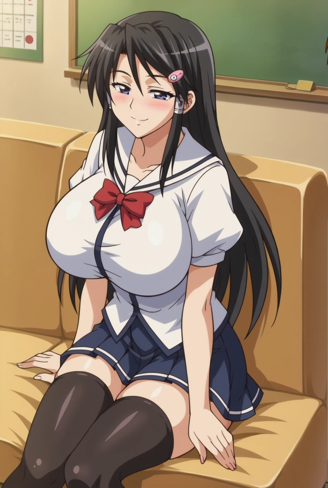 (gigantic breasts:1.6), Anime cel drawing style, Best Quality, High resolution, gigantic breasts:1.8, bra, White sailor suit, Short sleeves, red neckerchief, Blue skirt, blue eyes, Purple hair, Bangs, Side Ponytail, Hair Ornament, embarrassed, fear, blush, looking at viewer, Full body, cowboy shot:1.6, squatting upskirt