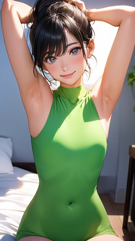 a ballerina with short green hair, detailed face, smiling, happy, cheerful, ballet pose. athletic body. wearing green ballet clothes.