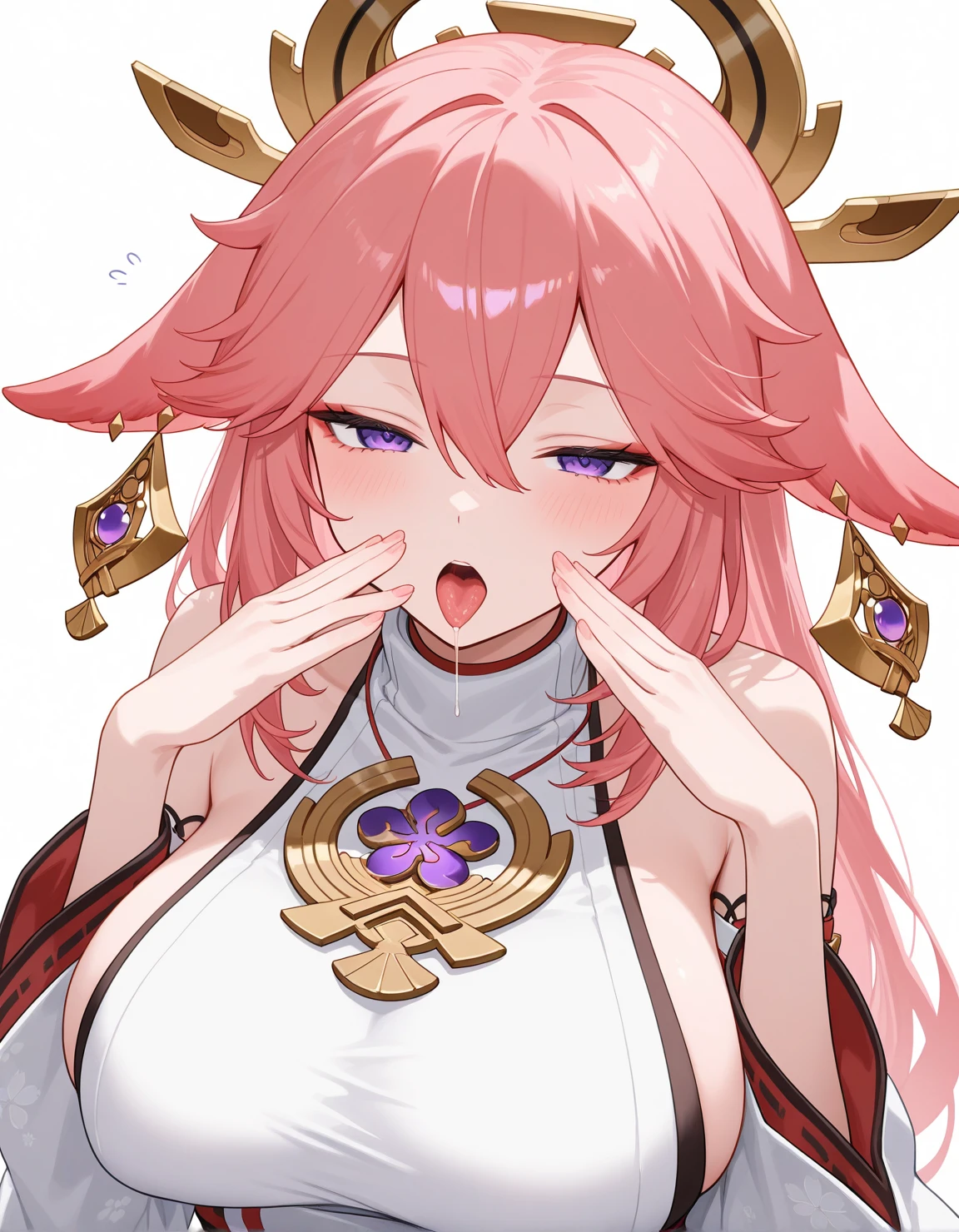 score_9,score_8_up,score_7_up,bachong, solo, pink_theme, simple_background, 1girl, long_sleeves, open_mouth, lagre breasts, looking_at_viewer, white_background, pink_ribbon, sleeves_past_wrists, highres, absurdres, NSFW, nuded, naked, wet tongue, wet breasts, bukkake, cum in breast, cum in mouth