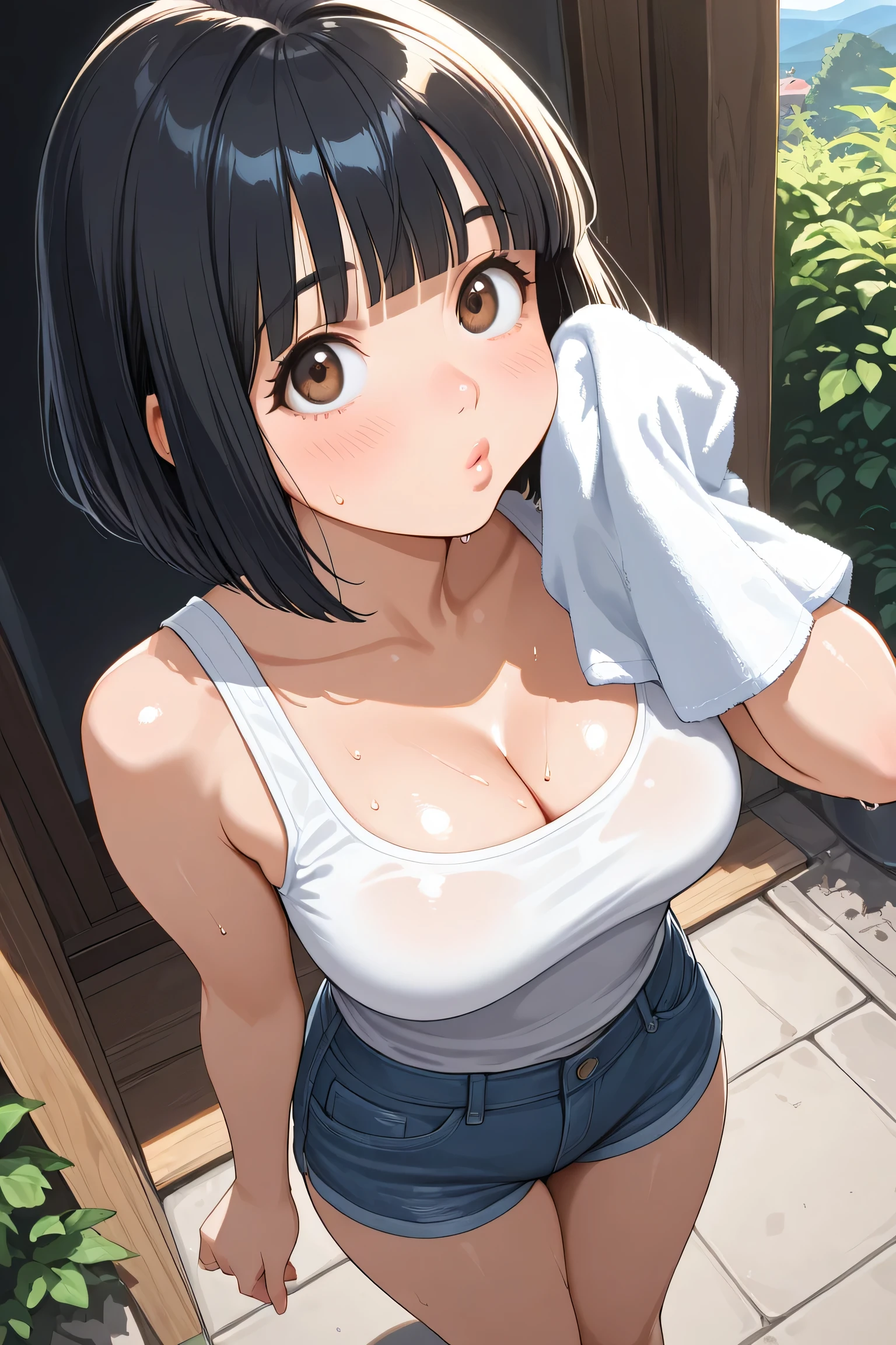 「highest quality、masterpiece、An illustration、very delicate and beautiful、(((very detailed)))、cg、8k wallpaper、wonderful、small details、masterpiece、(((the best ultimate art)))、very detailed cg Unity 8k wallpaper」、japanese girl、(((huge breasts 1:1)))、(((Super Big 1:1)))、(((white gym uniform)))、(((black hair)))、(((short hair)))、