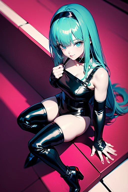 eine Frau mit blauen Haaren und schwarzer Lederkleidung posiert nackt, Seductive anime girls, Extrem detaillierter Artgerm, hatsune Freund, Oppai Cyberpunk, Freund, von Shitao, wie Artgerm, Stil Artgerm, portrait of hatsune Freund, anime girls, Sona ist eine schlanke, Freunddayo, Detailliertes Anime-Artwork, hatsune Freund portrait
