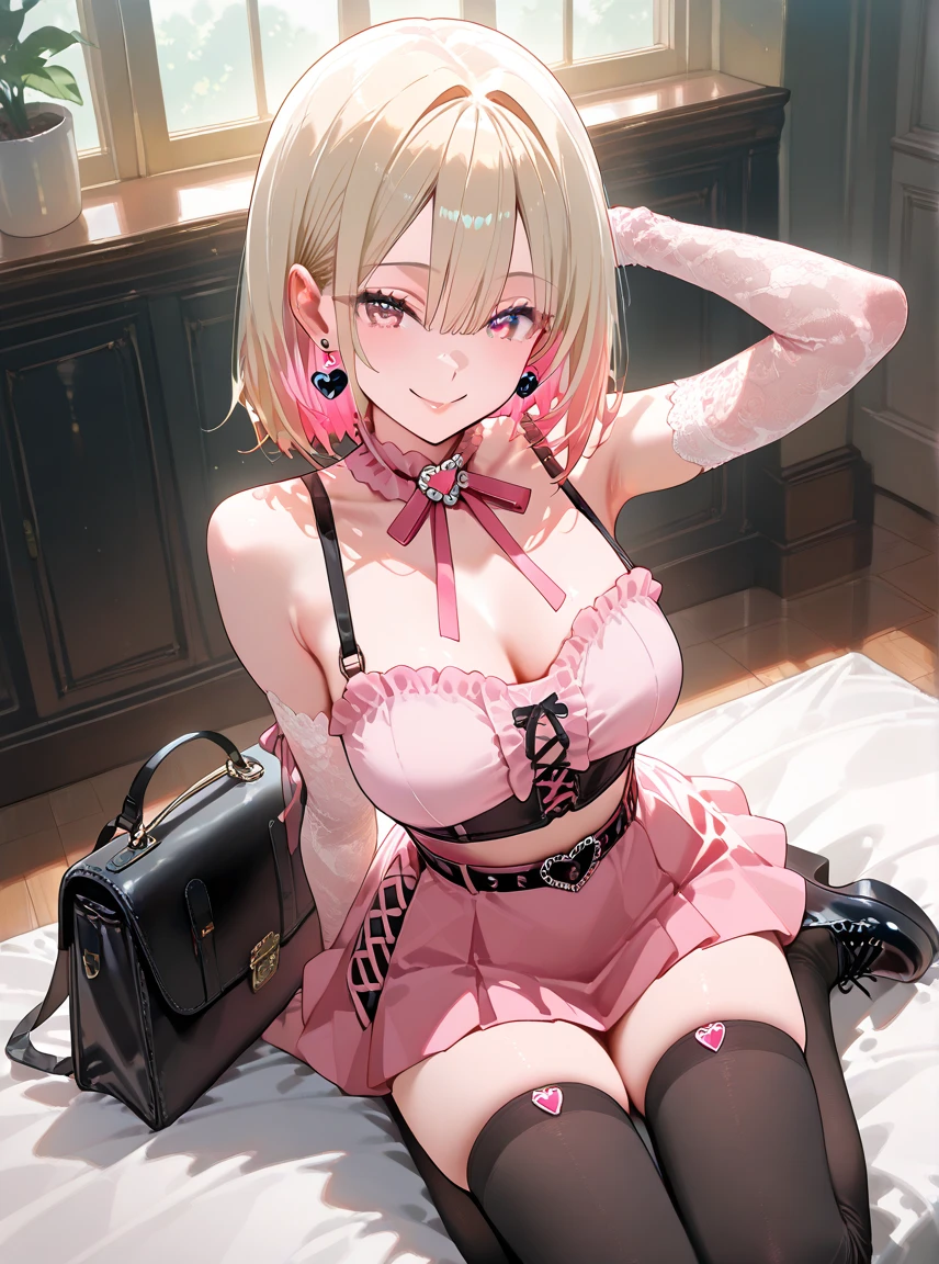 (((masterpiece))), ((best quality)), detailed, solo, Hoshino Ruby, lingerie, stockings, seductive pose, (rain), chest curtains, latex gloves shorts, medical stuff