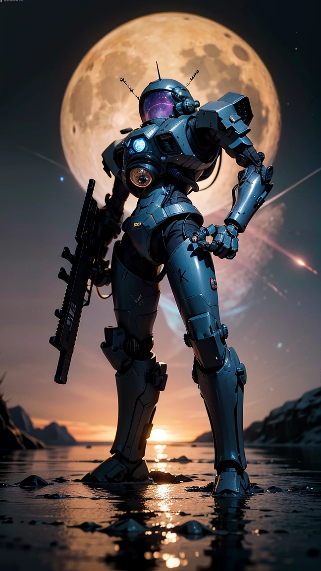 word Andromeda with droid font of big breasted woman,  firing a large weapon, background ruins, super detailed and sharp image, high contrast lighting, photorealism
