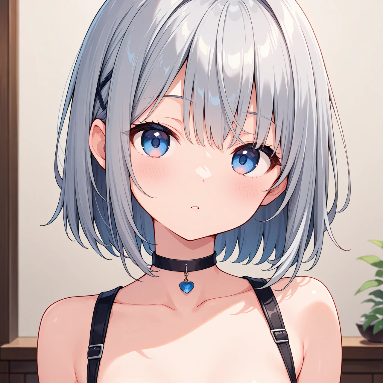 1 girl, blue eyes, gray hair, no blindfold, locker room, bikini, upper body, (masterpiece), short hair, mole under mouth, nier \(series\), nier automaton, open lips, big-breasted, crying, standing, ((hana uzaki)), Uzaki-chan.