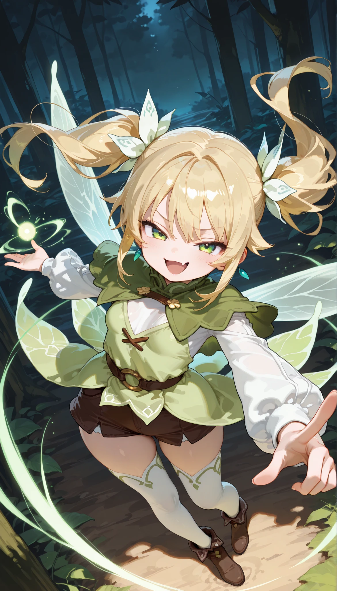 masterpiece, best quality, amazing quality, very aesthetic, high resolution, ultra-detailed, absurdres, 1girl, small_breasts, blonde_hair, green_eyes, long_hair, green_dress, layered_clothes, shorts, capelet, brown_shorts, zettai_ryouiki, skin_fang, long_sleeves, twintails, white_thighhighs, solo, looking_at_viewer, tsurime, open_mouth, smug, pointing_at_viewer, dynamic angle, from_above, forest, dark background, curvy, dynamic pose, fairy, magic,