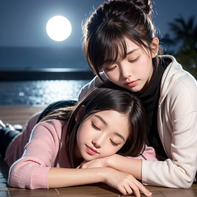 Best quality, high resolution, two girls, heads together, hug, eyes closed, 20 years old, Japanese, beautiful, pretty face, cute face, night cityscape, Short sleeve