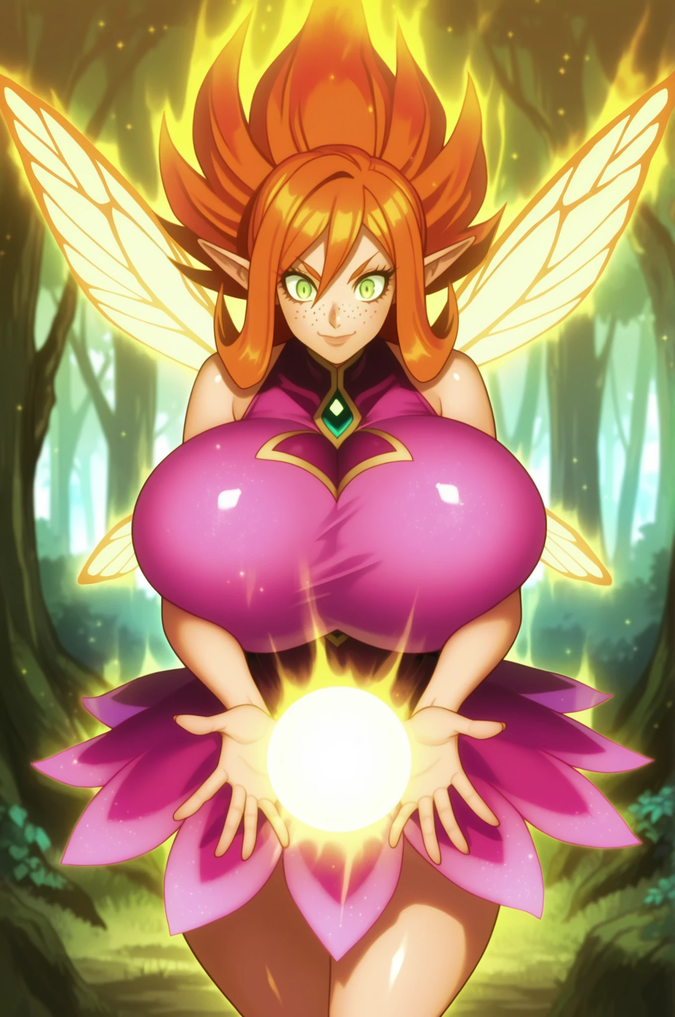 masterpiece, best quality, ultra-detailed, intricate details, high resolution, sharp focus, 8k, hdr, crisp lines, perfect lighting, sharp eyes, detailed eyes, highly detailed, freckles, lips, gigantic breasts, beautiful fairy woman, cute and energetic, fuchsia_mini-dress, shiny skin, long orange hair, green eyes, pointy ears, fairy wings, fantasy forest, magical, magical forest, energy aura, hands forming a ball of energy, energy ball