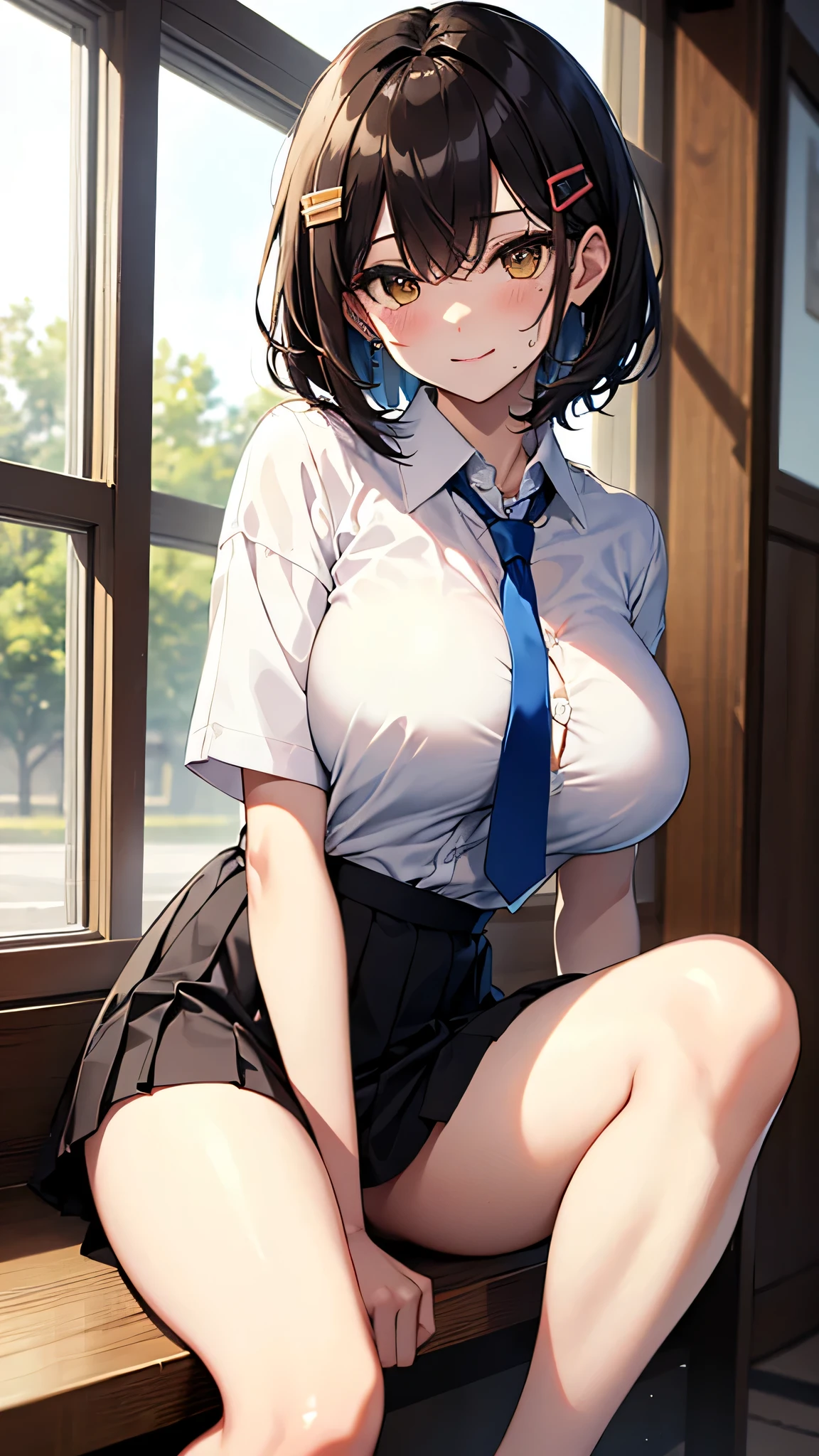 absurdres, Realistic, extremely detailed CG unified 8k wallpaper, Highly detailed, High-definition raw color photos, professional photograpy, Realistic portrait, Cinematic Light, (midnight sky from the window), big window, Beautiful detailed, ((Angle from below)), dark brown hair, ((asymmetrical bangs)), a mature female, A straight medium hair, bob cut ,blue eyes, (Beautiful breasts:1.5), (crying:1.0), closed mouth, ((diagonal bangs)), (Bukkake:1.3), (realistic skin:1.3), (Best Quality:1.4), Super Detail, High quality, master piece, lifelike, (After SEX), cum in pussy, pussy, Perfect face, Silly, (student uniform with skirt), (cum on chest:1.3), Sharp Focus ,Delicate Beautiful Hair and Eyes and Face, Delicate eyes, radiant eyes, Lifelike, Hyper-detailing, (colossal tits:1.6), ((exposed breast)), Beautiful cute woman, Exposed, white skin, wet skin, very wet, wet body, cum, closed mouth, (no panties:1.3), camel-toe details, Indoors, (Big breasts:1.6), (Cowboy Shot), (close up), NSFW, sexy legs, thighs, sexy thighs, (Sit with your knees bent), (sitting with legs apart), (supporting one's body with one's hands), ((open legs)), (bending leg), (In the sea), (clothes taken off), (Cowgirl), (cum shots), ((arms behind back)), arms are down, Dripping from the crotch, Overflowing from the crotch, ((Sexy legs)), thighs, (natural pussy), (nude lower body), (pov sex),