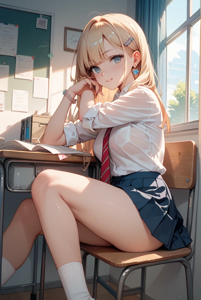 8k, A masterpiece of softcore pornography shot by Kishin Shinoyama, Bast quality,big, RAW Photos, (Ultra-thin contour lines), (1 girl), anime girl, Highlight Eye, Blonde shiny hair, Professional Lighting, (Glowing Skin: 1.2), shiny big, ((Highest quality)), Sharp focus: 1.2, Highly detailed face and skin texture, fine grain, Perfect Face, Perfect body, Blur Art, CG, background, milk, in front (16 years old, Cool and beautiful girl face), wear ((School uniform)), thigh), blush, (Porn Cosplayer), (Camel Toe, White panties), Gravure idol style panty flashing, She pulled up her skirt to avoid the heat...、I sat on the desk with my knees raised....。., My favorite girl, Browsing Caution, Focus on the crotch