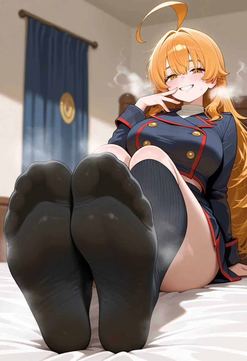 silencesuzuka, green eyes, horse tail ear covers, puffy sleeves, short over long sleeves, black gloves, white skirt,blush,sitting on bed,((from below)),legs focus,((black pantyhose)),feet,feet focus,legs focus,((five toes)),2legs,2feet,killer legs, sweating,steam,stretch out your feet,