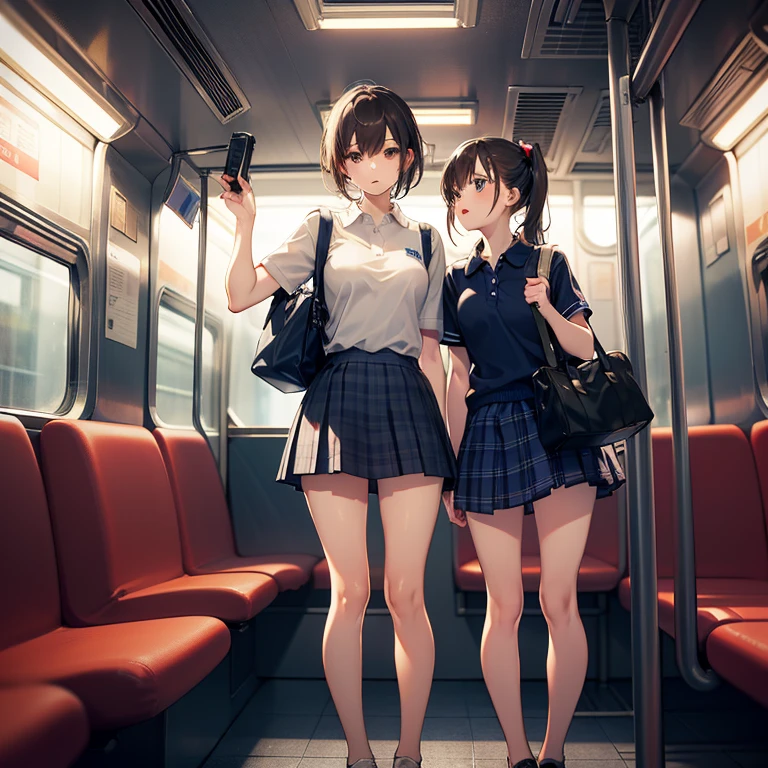 ((masterpiece)), ((best quality)), (ultra-detailed), ((kawaii)), cute, (lovely), ((sexy)), (ero), ((extremely detailed)), 4K, (8K), best quality, (beautiful), anime style, realistic, real, (look up from below:1.5), ((cowboy shot)), ((in the train)), daytime, a cute girl, (1girl, solo), (school girl uniform:1.5), beautiful light brown hair, beautiful brown eyes, ((beautiful eyes)), short hair, large breast, (pov, upskirt, white panties, spread legs:1.3), light smile, shiny-glistening, gleaming