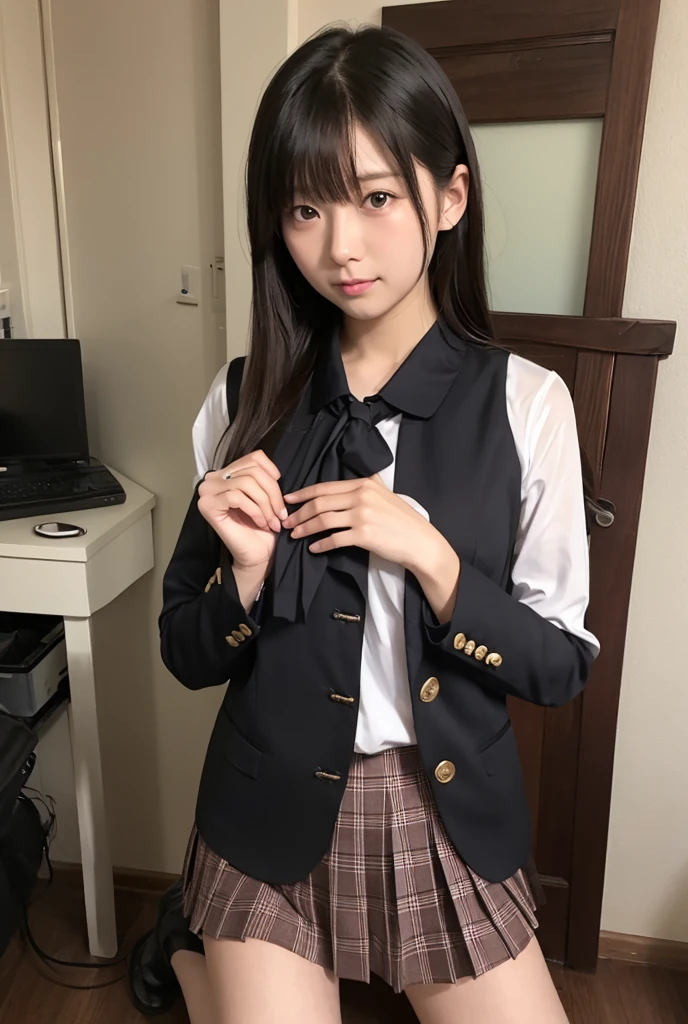 Highest quality, masterpiece,8k, Ultra-high resolution, (Realistic: 1.4), RAW Photos, Dynamic Pose,((uniform)),Young,1 girl, Black Hair, Glowing Skin, classroom, Dramatic lighting, whole body, high school girl,（underwear）