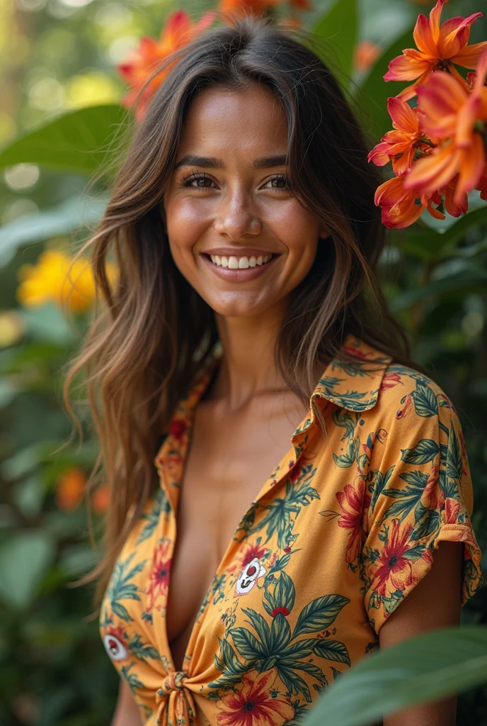 A Brazilian woman in a lush tropical garden, wearing an open shirt with a floral print, with a close-up capturing the harmonious beauty between her breasts and the natural flowers, showing off your natural charm and outgoing personality.