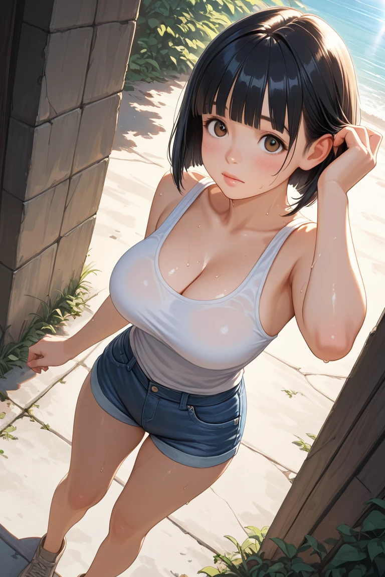 (masterpiece), (highest quality), (Super detailed), Two Girls, blush, ((lift up:1.2)), Happy, View Viewer, Big Hair, Brown Hair, wood々In a park with,bench, shy ,sit on the bench, ((slender)) ,anxiety, blush, mischief,From below,The body is slim,(Shiny skin), from the front, From above,Long wet ears, ((topless:1.2)),(Pink small nipples),(Thighs),(white micro thong),