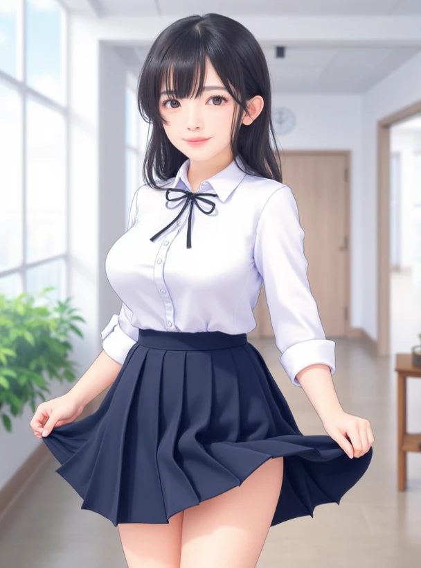 Thai student: white shirt, short sleeves with bow, dark blue skirt, stuffed shirt, short white socks, black shoes, black hair, big, tight breasts.
