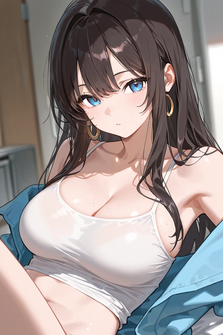(((masterpiece))),fuyumi itadori, Anime girl characters, 1girl, solo, looking at viewer, medium long hair, brown hair,blue eyes, long sleeves, cleavage, bigger breasts, closed mouth, collarbone, jacket, open clothes, open jacket, blue jacket, ground vehicle, sports bra, tall girl, horny, big ass, beautiful face,Charming, Tight-fitting clothing, hd picture, 4k quality, details of the face is so good,
