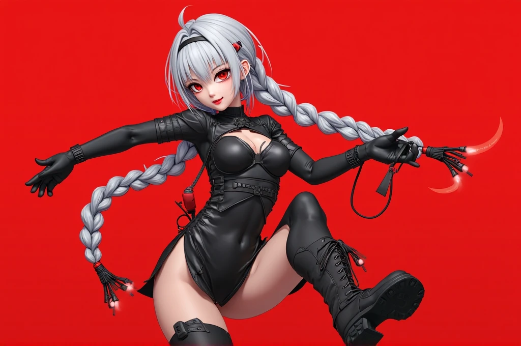 white color hair, red pupils, black leather clothes, grown woman, Raised sexy, Anklets, Black crown, Collar, Secondary none, 8k, super detail