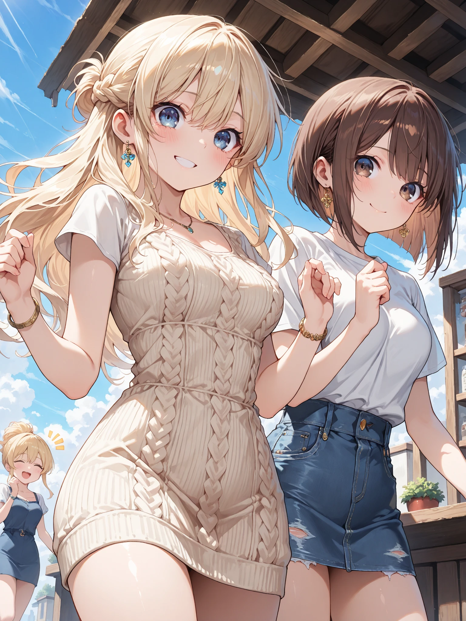 (masterpiece, Best Quality, ultra-detailed, high resolution, extremely detailed CG, official art, Professional Lighting, Perfect Anatomy, anime colors), (from below), looking at viewer, cowboy shot, perfect body, a 24yo beautiful girl, sidelocks, hairband, earrings,medium hips, glamorous body,a small face,beautiful-makeup,Makeup light,dark brown hair, Amazing Cleavage, thin waist, cute ass, Raised sexy, small breast: 1.2 posed cleavage:1.2, (off shoulders,Denimbra,legginullnude), micro denim shorts, bare legs, nail_polish, pale skin, Waiting friend, (morning:1.5), tokyo, (convenience store:1.3), outdoor, (depth of field:1.3), contrapposto, (Hold a coffee in your hand:1.3),delicate beautiful face, Bright blue eyes, cute eyes, sparkling eyes, Big eyes, (perky chest:1.1), (pointed chest:1.3), looking at viewer,