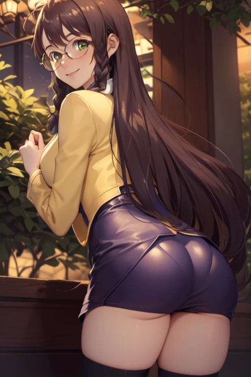 ((table top, highest quality, High resolution, nffsw, perfect pixel,  4K, nffsw, nffsw))), 1 girl, single, alone, beautiful woman、I could see the whole body、 ((middle wavy hair, bangs, brown hair)), ((brown eyes, beautiful eyelashes, realistic eyes)), ((detailed face, blush:1.2)), ((smooth texture:0.75, realistic texture:0.65, realistic:1.1, Anime CG style)), medium breasts, dynamic angle, perfect body,  ((red bow tie, school uniform, black jacket, open jacket, Brown cardigan, white shirt, black skirt, plaid skirt)), City staircase、Angle looking up from the bottom of the stairs、Very embarrassing panic smile, looked back、leaning forward、(The wind flipped my skirt and exposed my butt...................、Touching the buttocks with both hands、Light blue floral lace panties)、