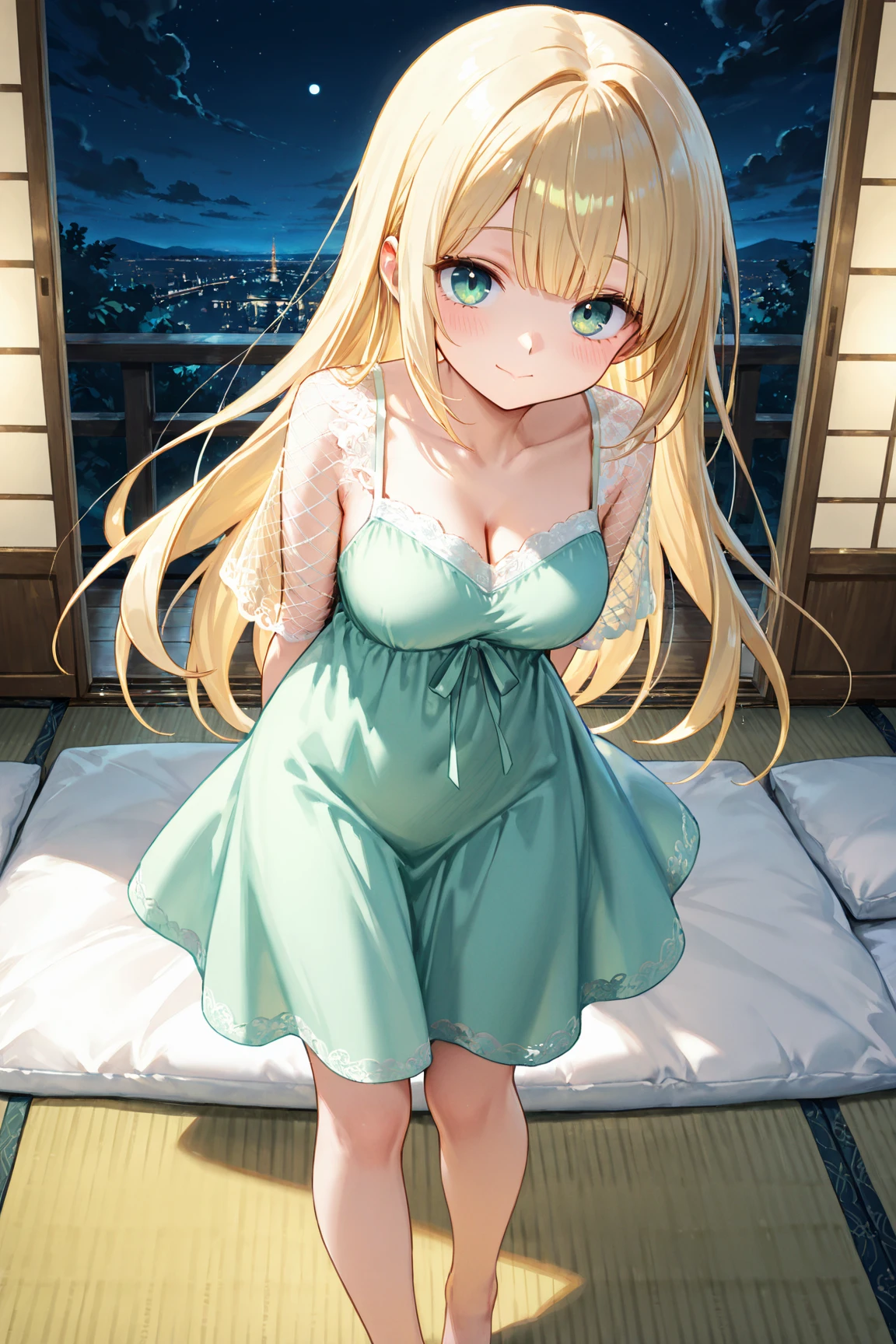 1girl,masterpiece, best quality, high resolution, green eyes, blue criss-cross halter, criss-cross halter, big breasts, nice breasts, pretty, blonde hair, blonde, ahoge bedroom, room, on all fours