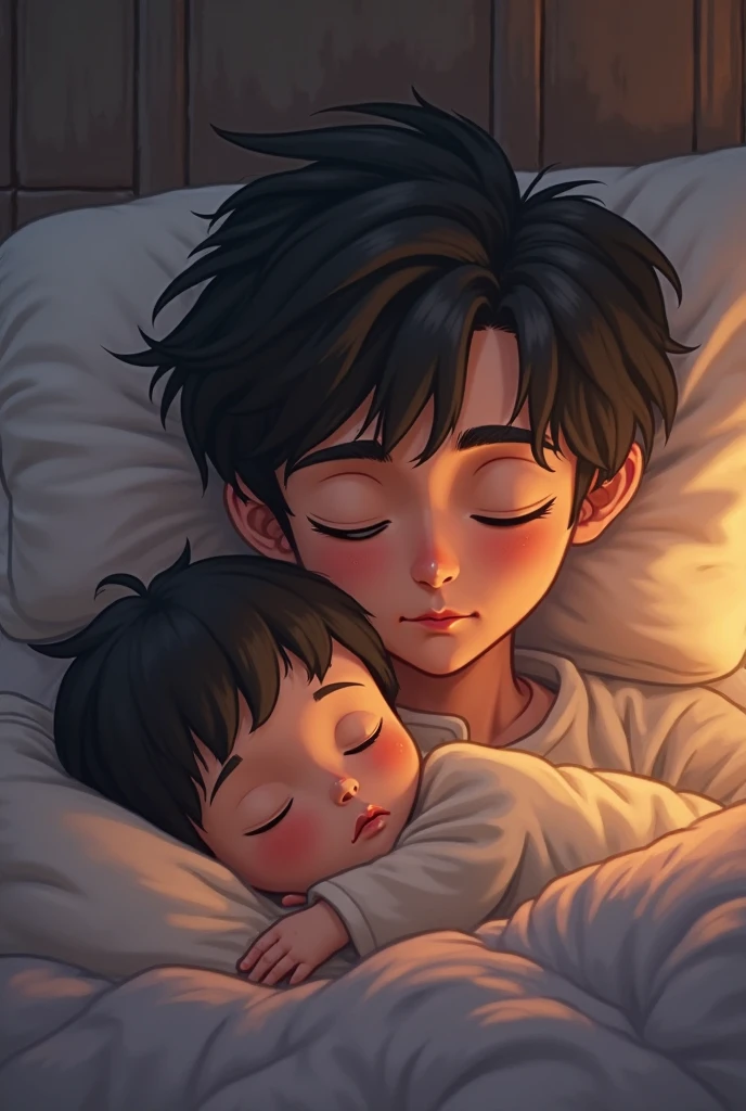 Yeonjun, with his deep orange hair, sports a pure look and an angelic face. He wears comfortable pajamas and a white shirt that highlights his figure. In his arms, Christopher hugs him tightly, dispelling his fears in the cold night that surrounds them. Christopher's ink-black hair contrasts with the softness of his white shirt. bathes their faces in a silver light, while the wind whispers a melody of love. Yeonjun feels comforted in Christopher's chest, his heart finding peace as they rest on the bed, embraced by the silence of the night. Yeonjun is 1 and Christopher is 20 years old, both are male. They are both ADULTS, lying on the bed.