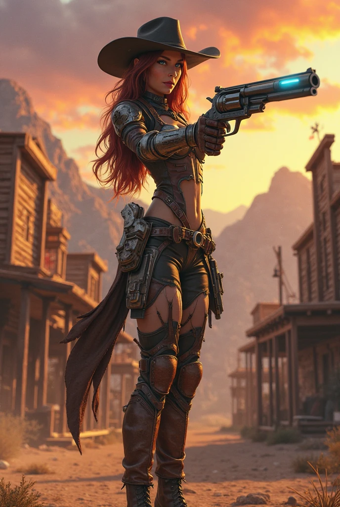 an attractive woman [gunslinger:bounty hunter:0.4] standing in a scifi wilderness (neontreehouse style:1) <lora:djzNeonTreehouse_LB2:0.8>